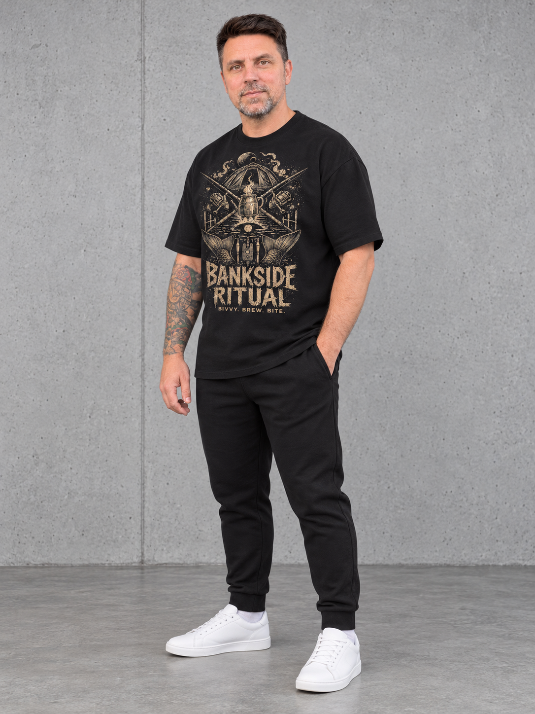 BANKSIDE RITUAL NS351 Oversize Shirt Black – fullbody front three quarter