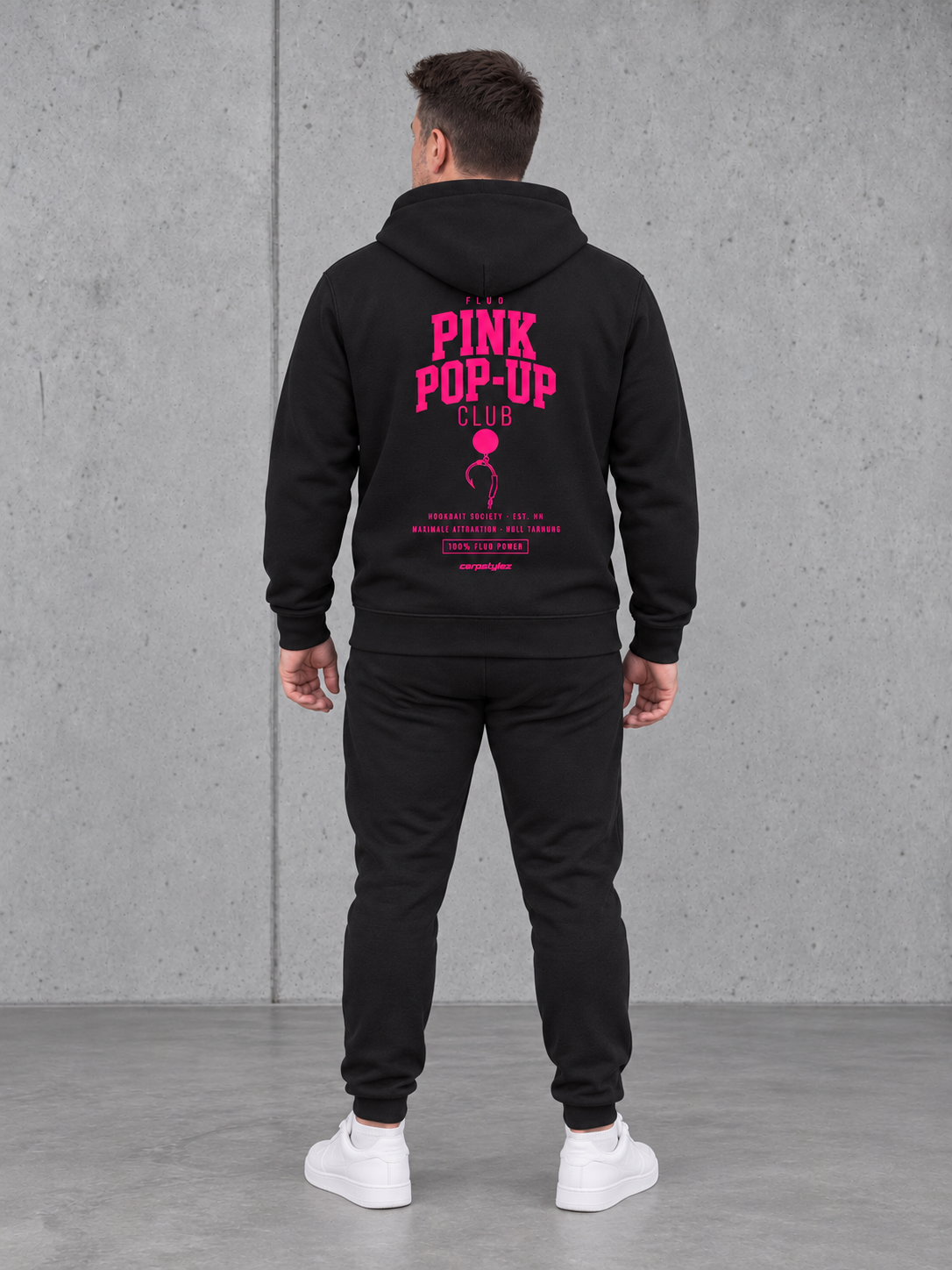 carpstylez FLUO PINK POP-UP Club Hoodie Black – Ganzkörperansicht von hinten #print_fluo pink, fluo-pink