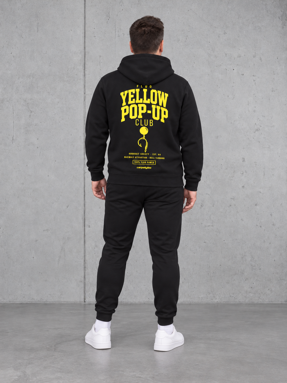 carpstylez FLUO YELLOW POP-UP Club Hoodie Black – Fullbody Studiobild 3 #print_fluo yellow, fluo-yellow