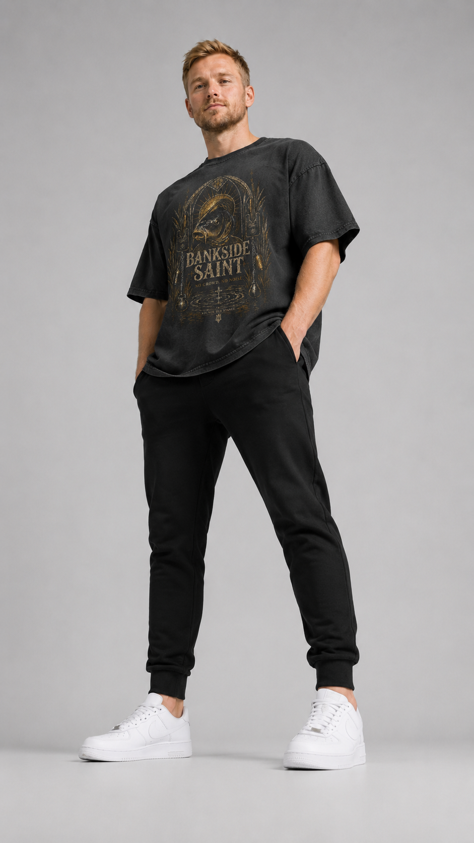 carpstylez BANKSIDE SAINT Acid Wash Oversize Shirt – Studio Mock Fullbody, Karpfen-Streetwear