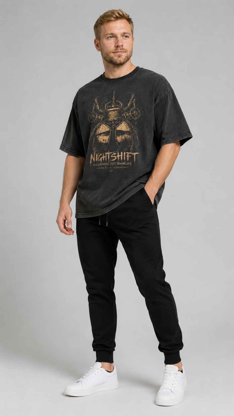 carpstylez NIGHTSHIFT Acid Wash Oversize Shirt – Studio Mock Fullbody, Karpfen-Streetwear