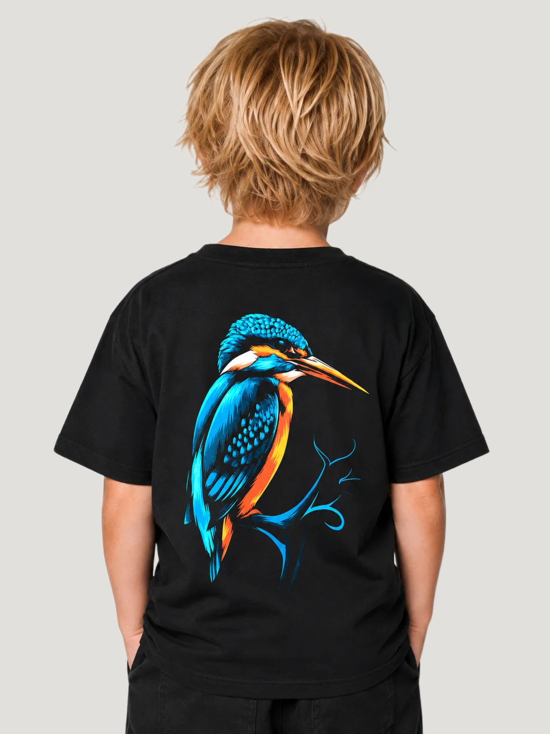 KINGFISHER VIBES Kids Shirt in Schwarz mit Eisvogel-Backprint – Rückenansicht #farbe_black
