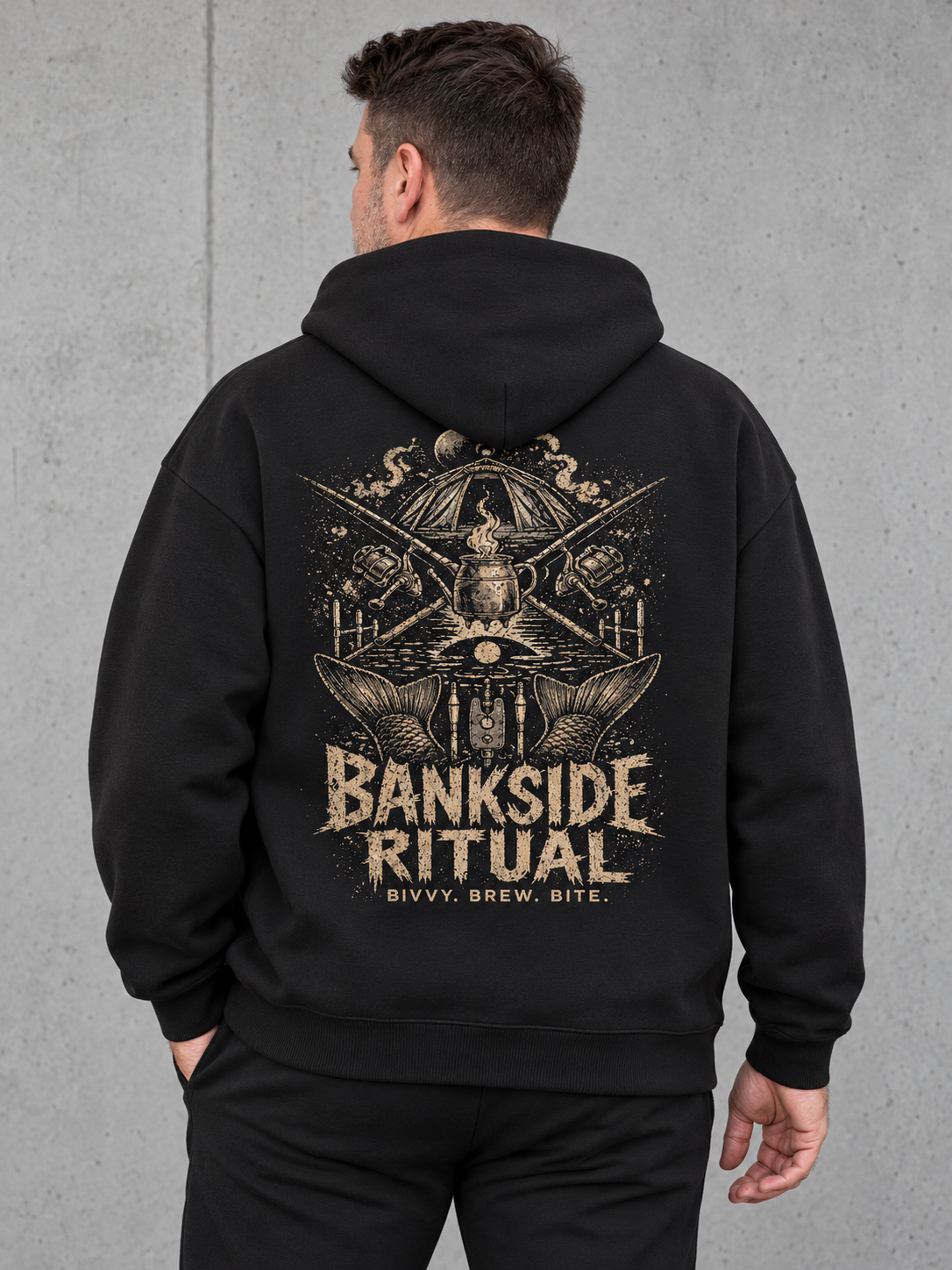 BANKSIDE RITUAL NS408 Oversize Hoodie Black – worn back hero #color_black