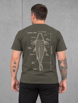 carpstylez CYPRINUS CARPIO Shirt Organic Khaki – Rückenansicht mit Olli und Karpfenprint #farbe_organic khaki
