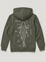 carpstylez Kids Hoodie CYPRINUS CARPIO in Organic Khaki – Rückseite als Flatlay #farbe_organic khaki