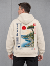 carpstylez LAC DE SAINT-CASSIEN Oversize Hoodie NS408 in Ivory – Rückenansicht getragen mit Lac-de-Saint-Cassien-Rückenprint #color_ivory