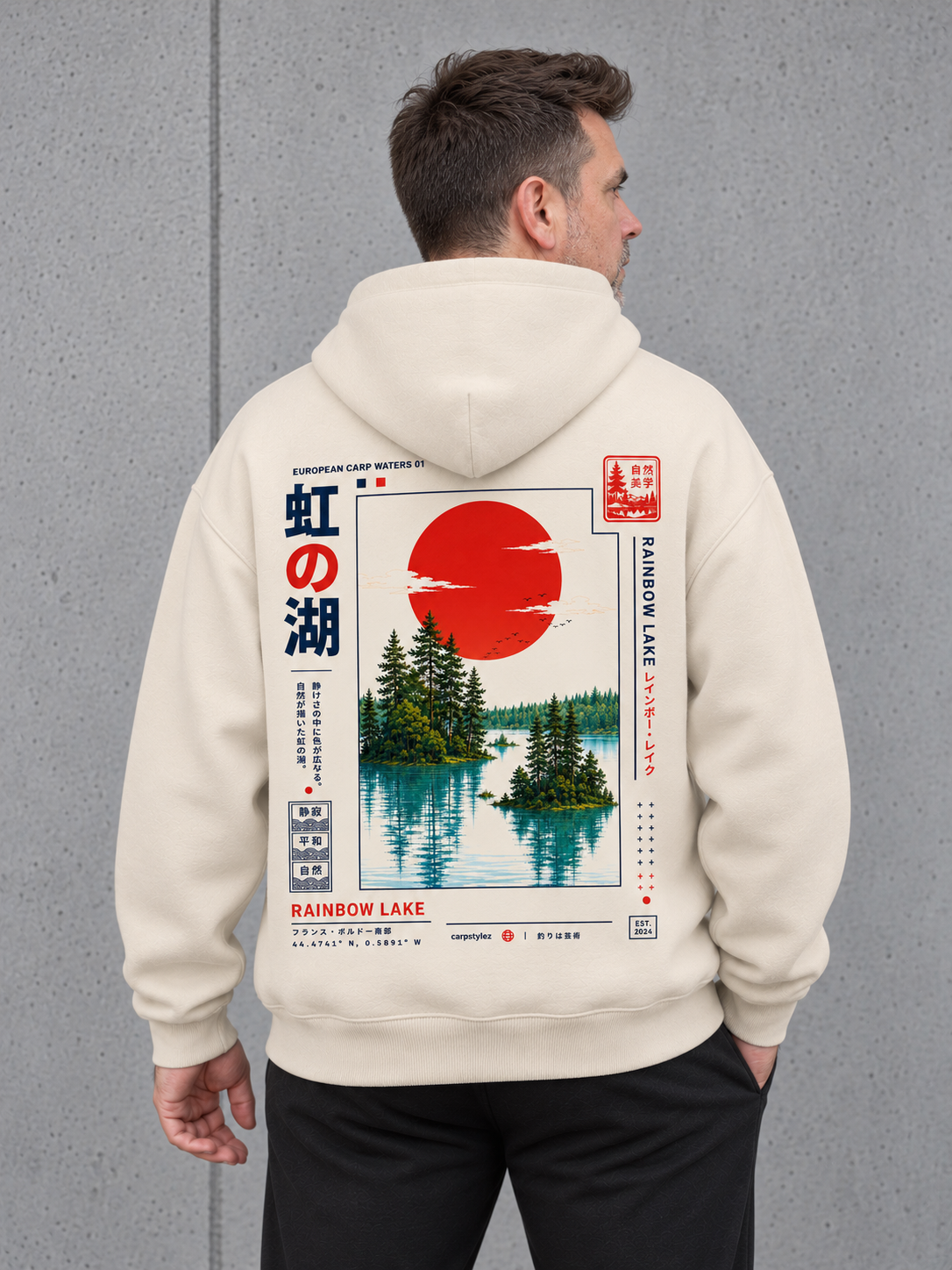 carpstylez RAINBOW LAKE Oversize Hoodie NS408 in Ivory – Rückenansicht getragen mit Rainbow-Lake-Rückenprint #color_ivory