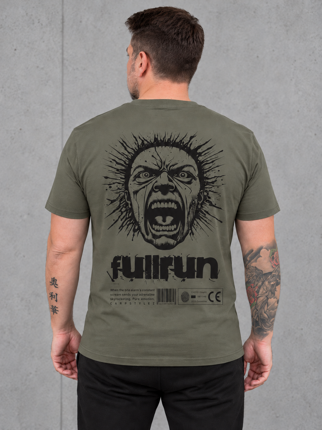 FULLRUN Shirt Organic Khaki – getragen, Rückenansicht #farbe_organic khaki