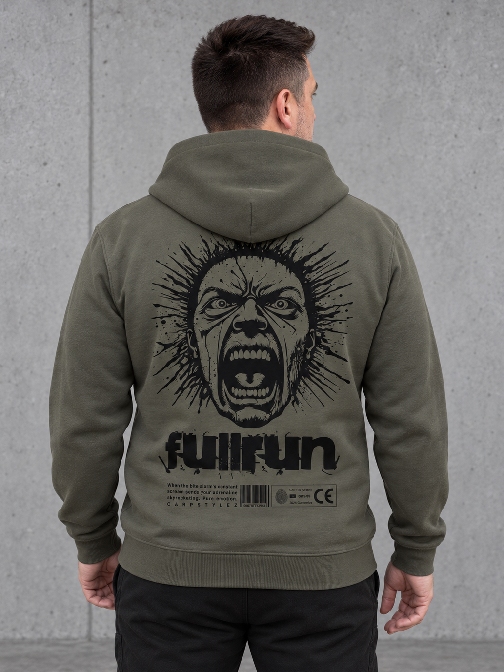 FULLRUN Hoodie Organic Khaki – getragen, Rückenansicht #farbe_organic khaki