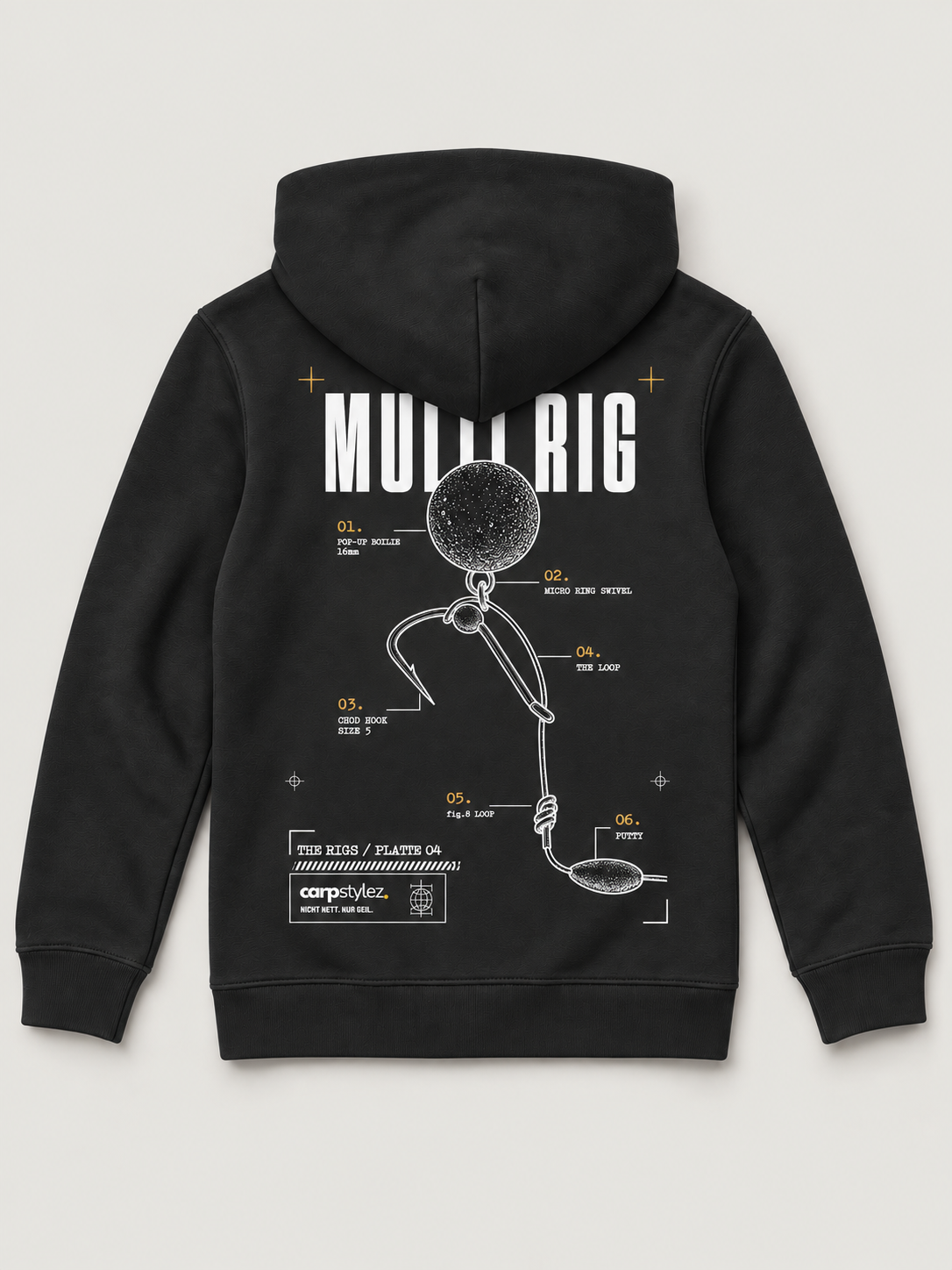 carpstylez Kids Hoodie Multi Rig in Black – Rückseite als Flatlay #farbe_black