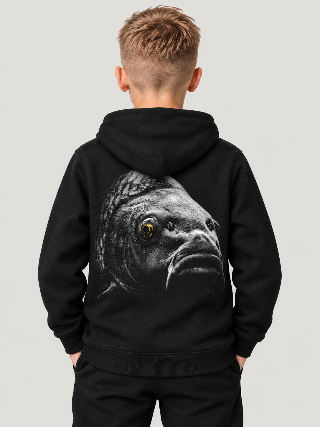carpstylez Kids Hoodie BLACKWATER CARP in Black – Rückenansicht am Kind #farbe_black