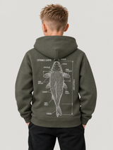 carpstylez Kids Hoodie CYPRINUS CARPIO in Organic Khaki – Rückenansicht am Kind #farbe_organic khaki