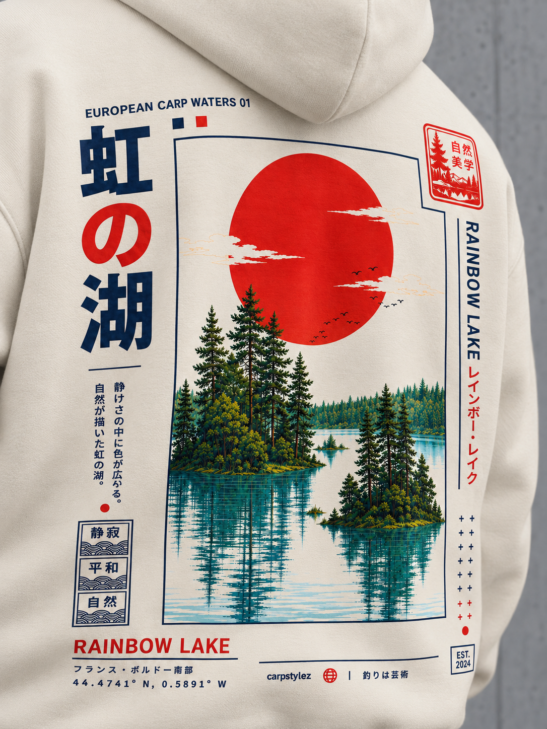 carpstylez RAINBOW LAKE Oversize Hoodie NS408 in Ivory – Detail des Rainbow-Lake-Rückenprints #color_ivory