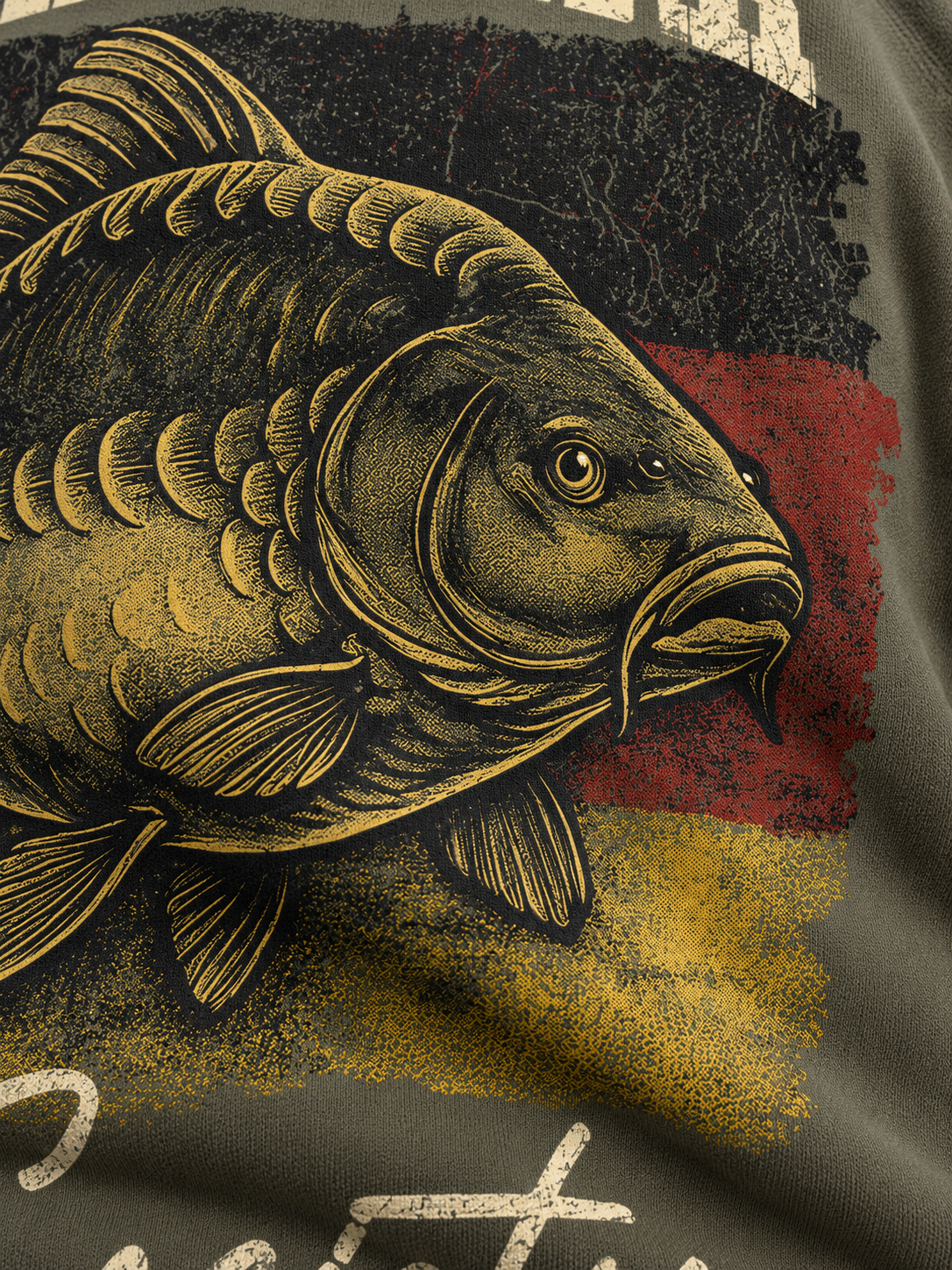 carpstylez GERMAN CARP SOCIETY Hoodie – Detail des Rückenprints auf dem Stoff #farbe_organic khaki
