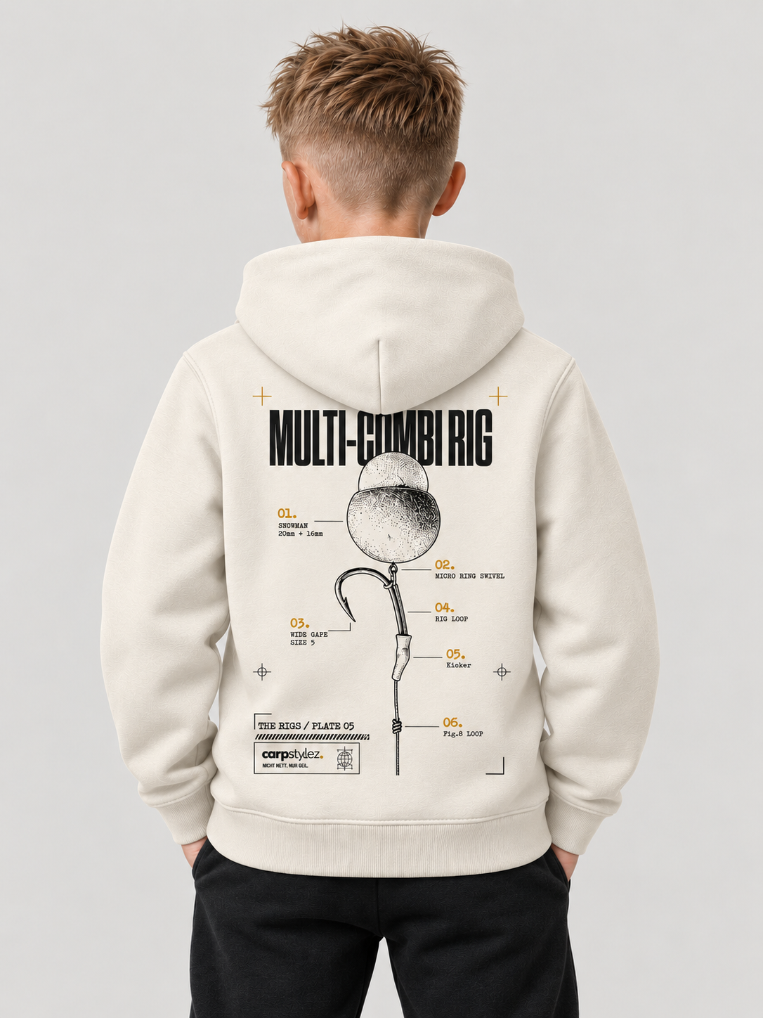 carpstylez Kids Hoodie Multi-Combi Rig in Ivory – Rückenansicht am Kind #farbe_ivory
