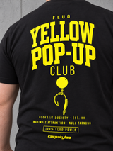 carpstylez POP-UP Club Shirt Fluo Yellow – Detail des Rückenprints auf schwarzem Stoff #print_fluo yellow, fluo-yellow