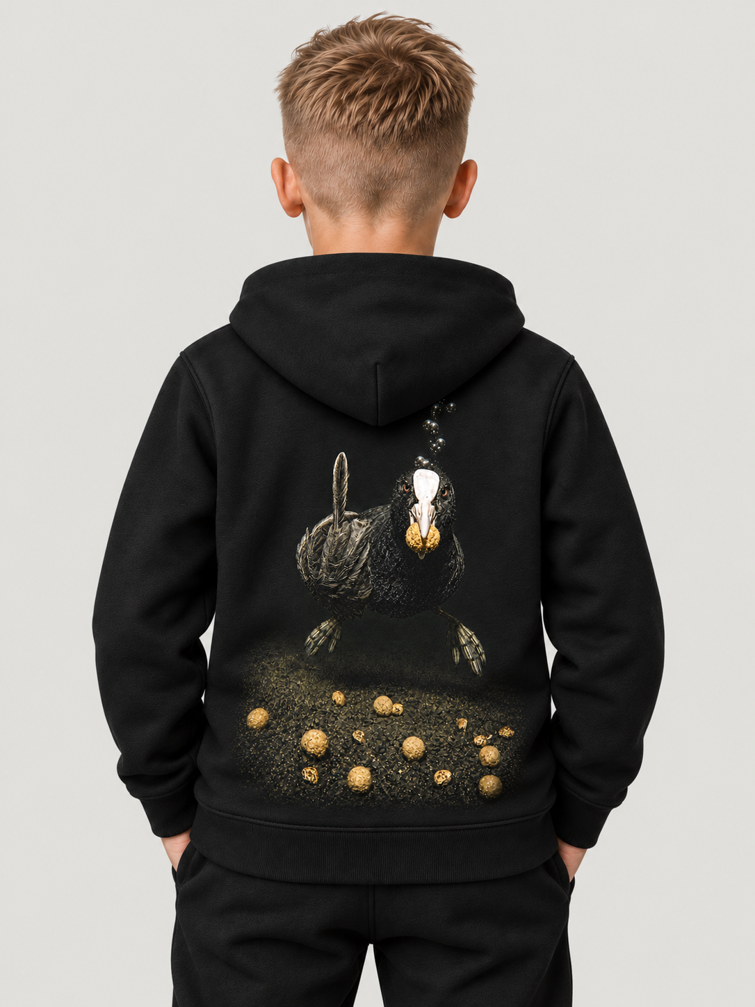 carpstylez Kids Hoodie THANKS, DUMBASS in Black – Rückenansicht am Kind #farbe_black