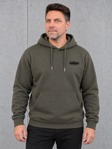 FULLRUN Hoodie Organic Khaki – getragen, Vorderansicht #farbe_organic khaki