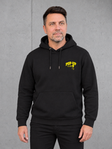carpstylez FLUO YELLOW POP-UP Club Hoodie Black – Vorderansicht am Model mit Brustprint #print_fluo yellow, fluo-yellow