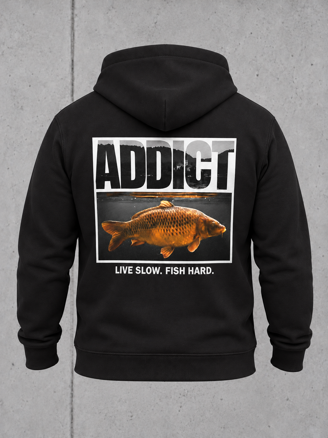 carpstylez ADDICT Hoodie, schwarz – Ghost – Rückenansicht mit ADDICT-Karpfenprint #farbe_black