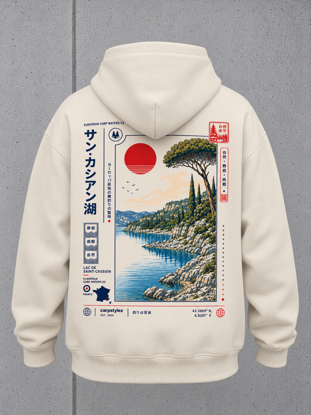 carpstylez LAC DE SAINT-CASSIEN Oversize Hoodie NS408 in Ivory – Ghost-Rückenansicht mit Lac-de-Saint-Cassien-Print #color_ivory