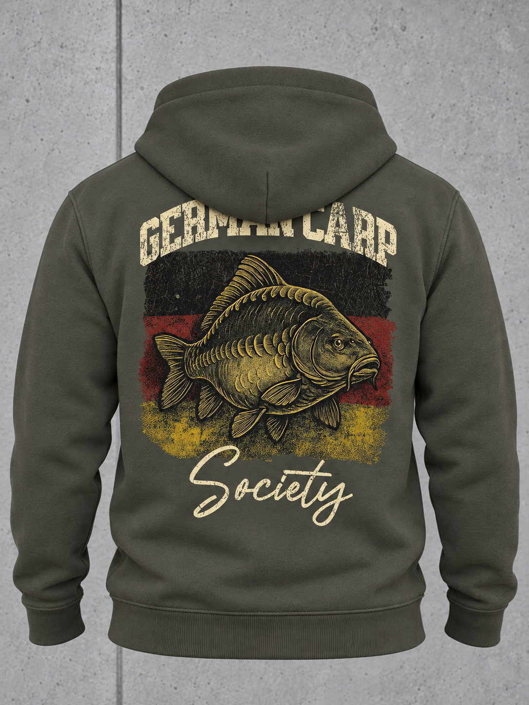 carpstylez GERMAN CARP SOCIETY Hoodie – 3D-Ghost-Rückenansicht mit Rückenprint #farbe_organic khaki
