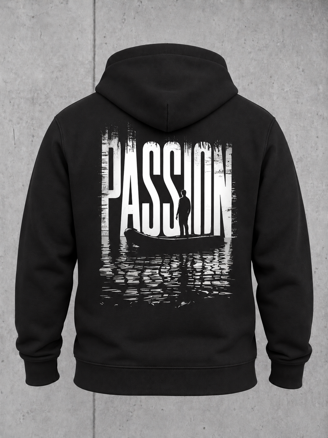 carpstylez PASSION Hoodie Black – Ghost-Mockup Rückseite mit PASSION Print #farbe_black