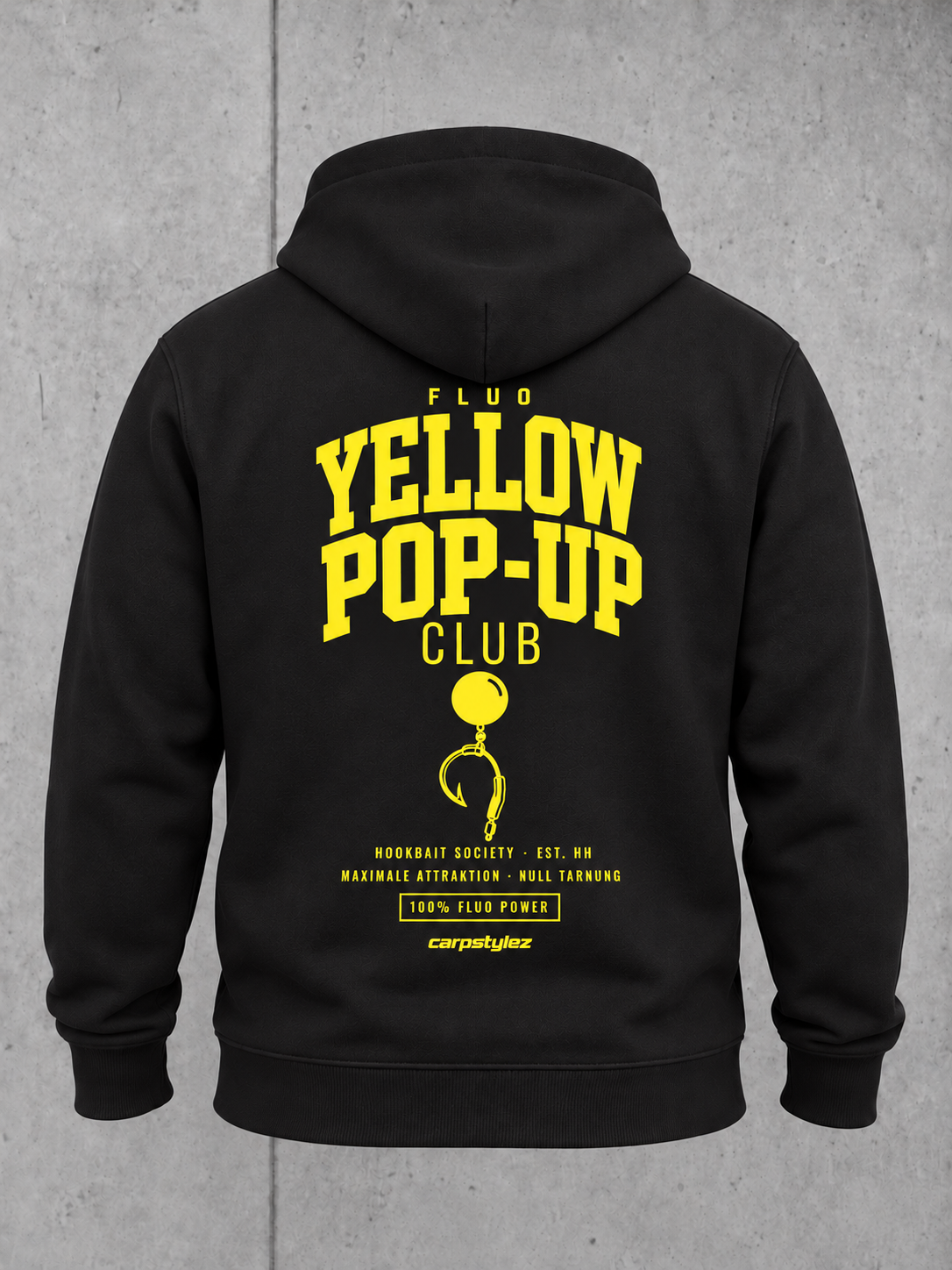 carpstylez FLUO YELLOW POP-UP Club Hoodie Black – Rückenansicht als Ghost-Mockup #print_fluo yellow, fluo-yellow