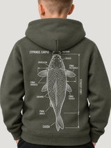 carpstylez Kids Hoodie CYPRINUS CARPIO in Organic Khaki – Detailansicht des getragenen Rückenprints #farbe_organic khaki