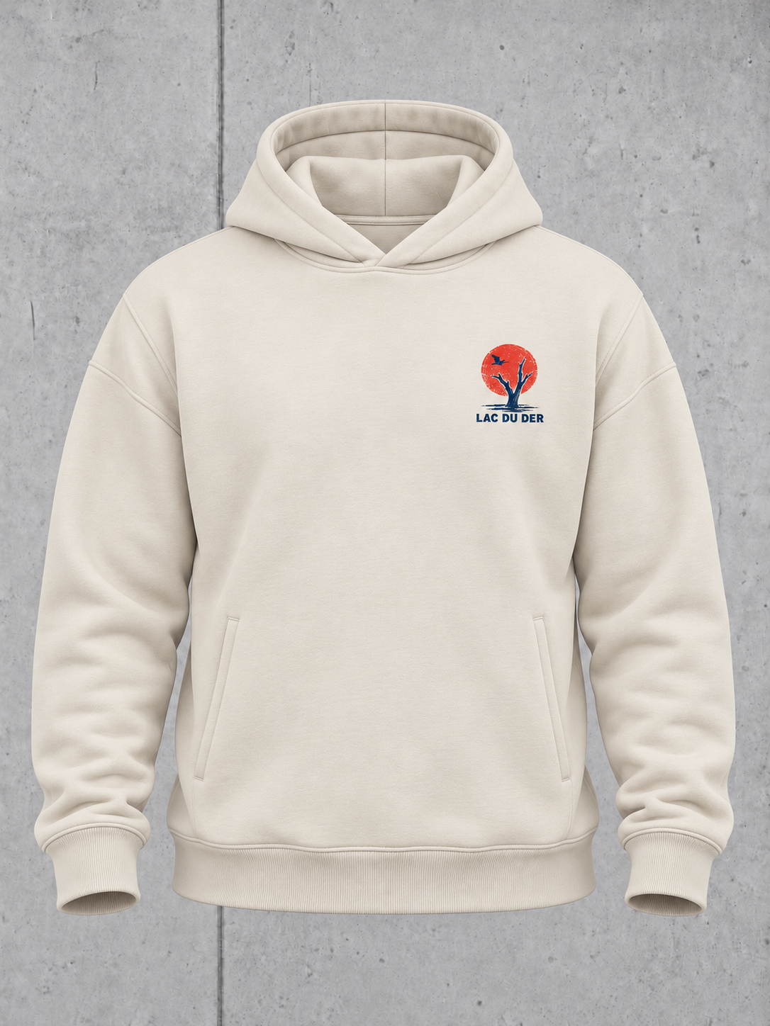 LAC DU DER Oversize Hoodie NS408 in Ivory – Ghost-Vorderansicht mit kleinem Brustprint und separaten Seitentaschen #color_ivory