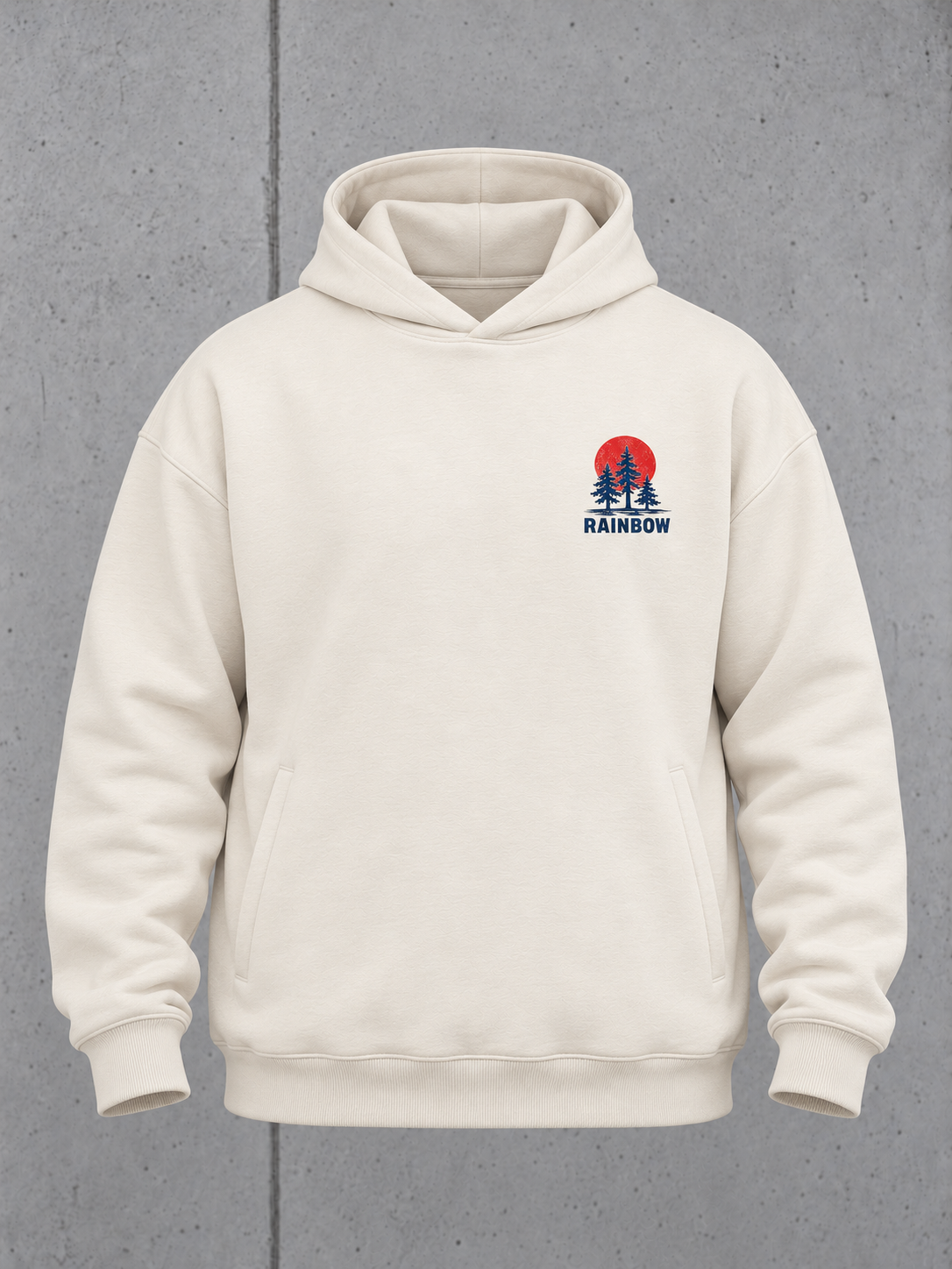 carpstylez RAINBOW LAKE Oversize Hoodie NS408 in Ivory – Ghost-Frontansicht mit RAINBOW-Brustmotiv und einzelnen Seitentaschen #color_ivory