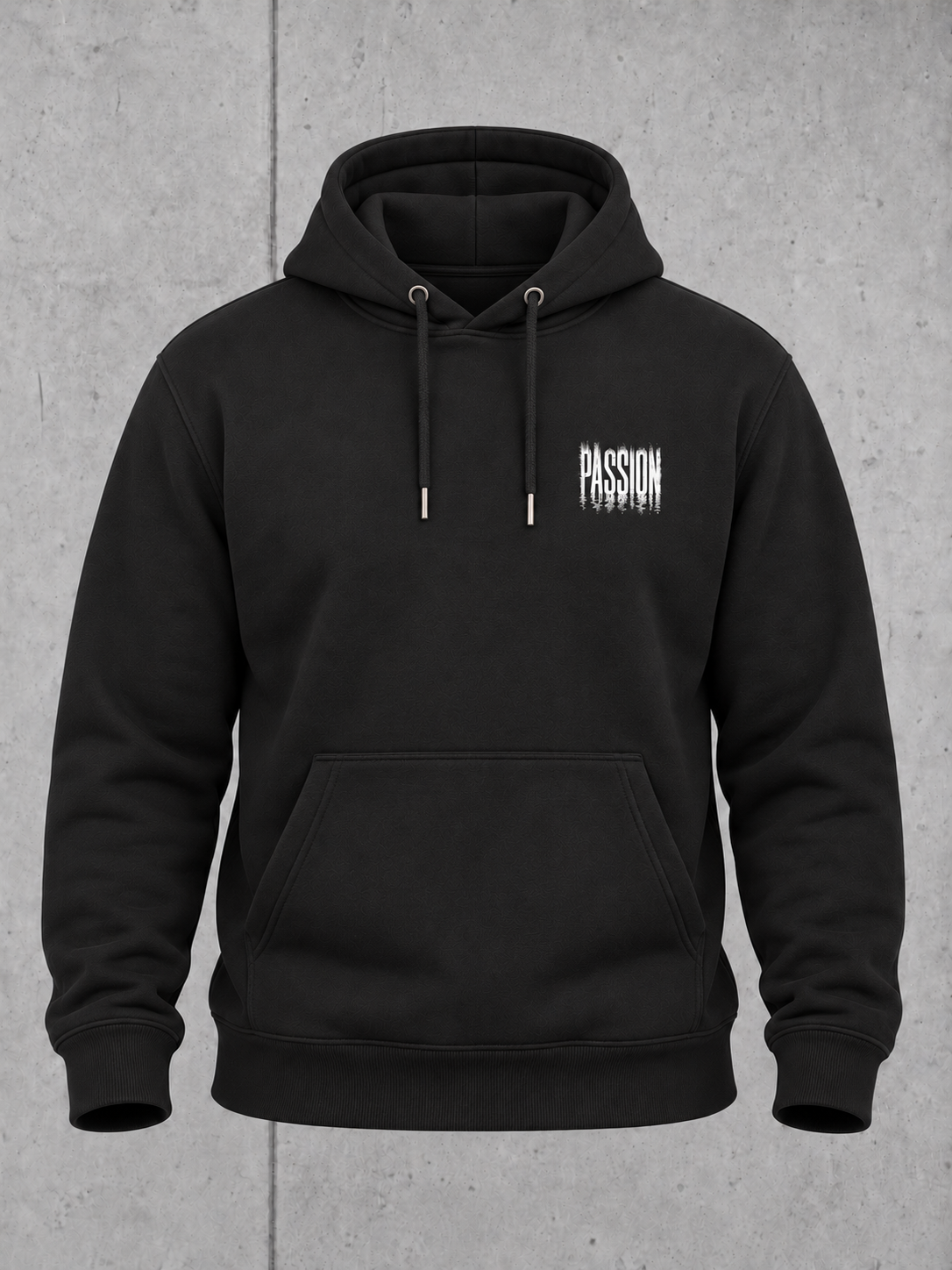 carpstylez PASSION Hoodie Black – Ghost-Mockup Vorderseite mit kleinem Brustprint #farbe_black