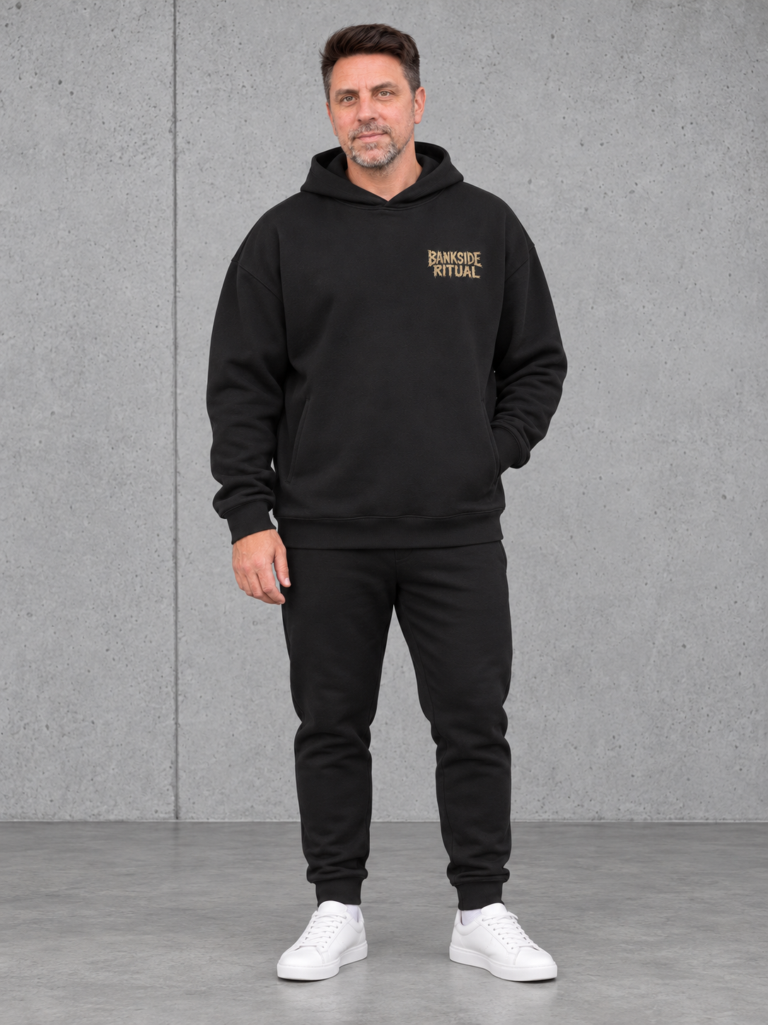 BANKSIDE RITUAL NS408 Oversize Hoodie Black – fullbody front chestprint