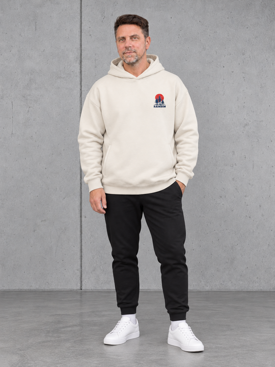 carpstylez RAINBOW LAKE Oversize Hoodie NS408 in Ivory – Ganzkörper-Frontansicht mit kleinem RAINBOW-Brustmotiv