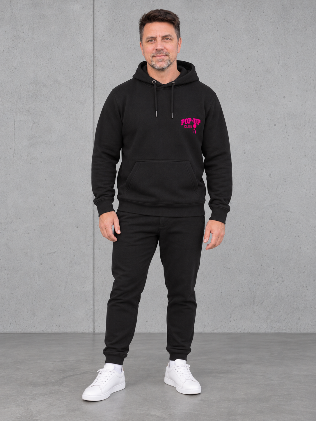 carpstylez FLUO PINK POP-UP Club Hoodie Black – Ganzkörperansicht von vorne #print_fluo pink, fluo-pink