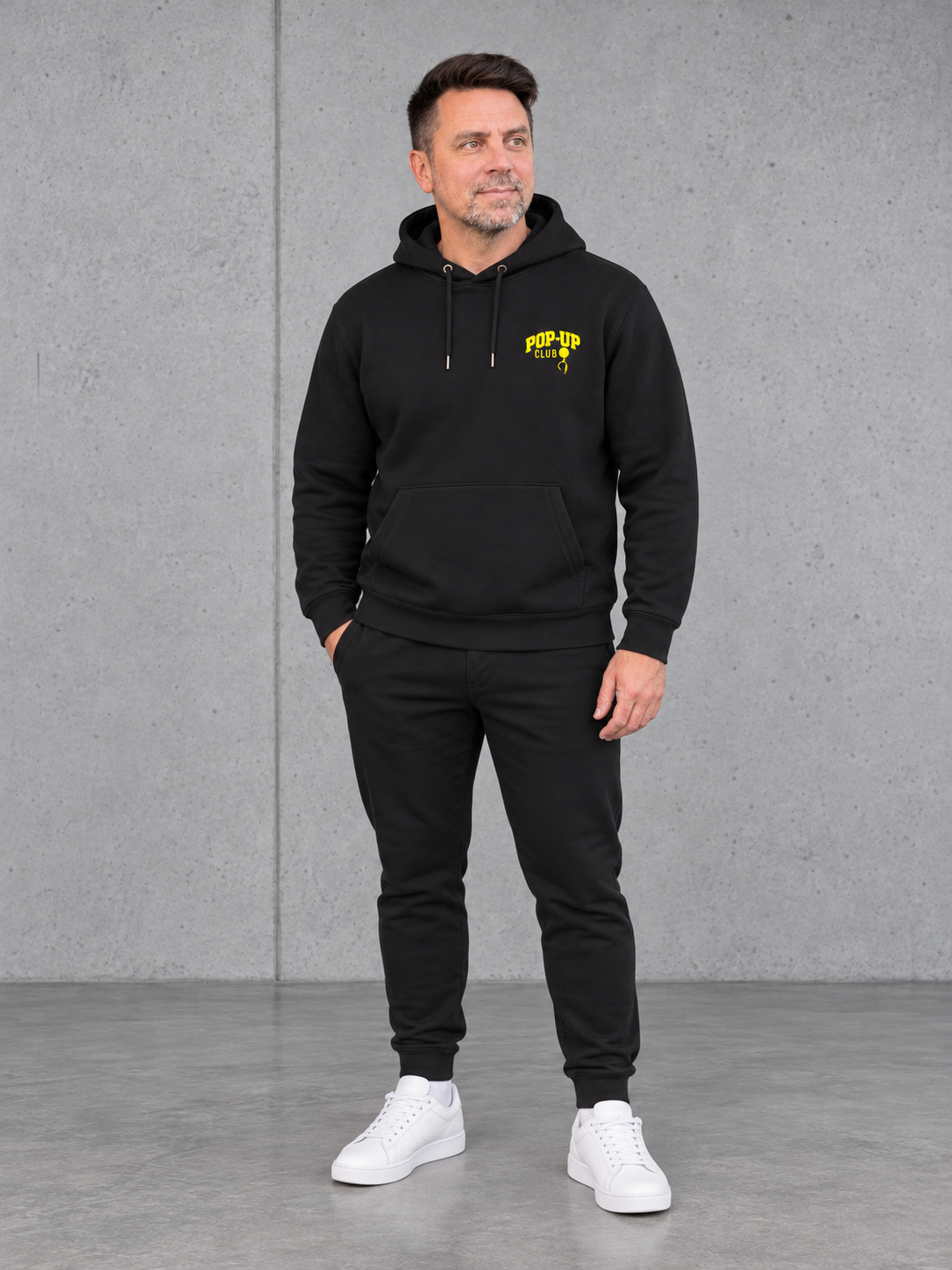 carpstylez FLUO YELLOW POP-UP Club Hoodie Black – Fullbody Studiobild 1 #print_fluo yellow, fluo-yellow