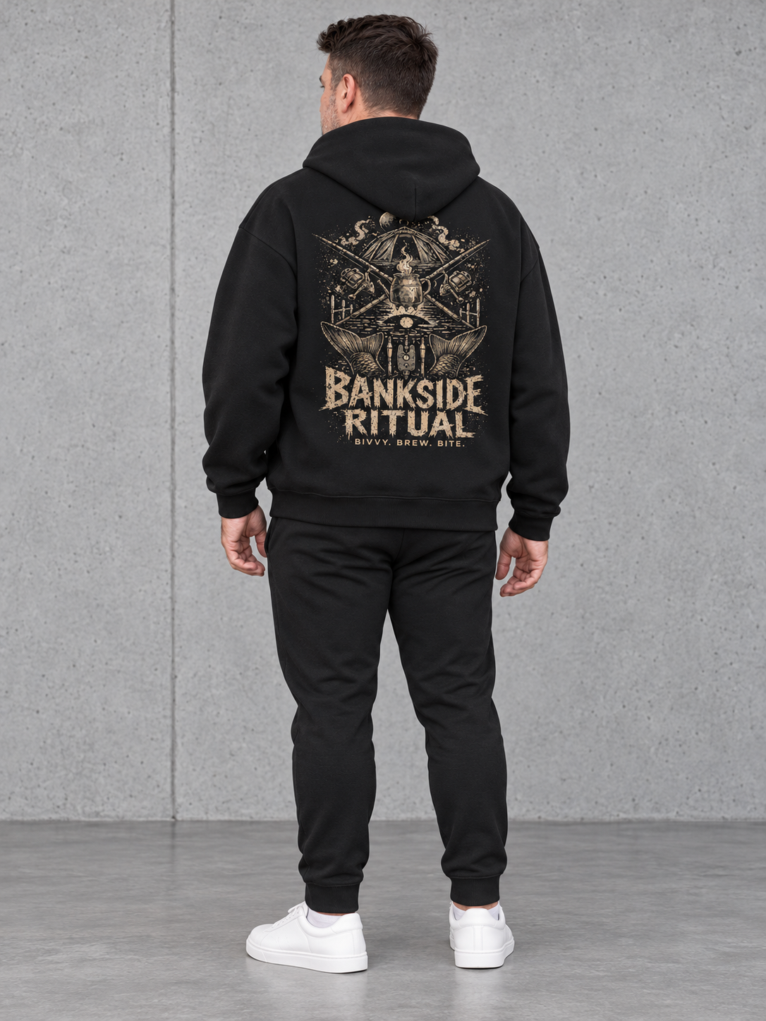 BANKSIDE RITUAL NS408 Oversize Hoodie Black – fullbody back three quarter