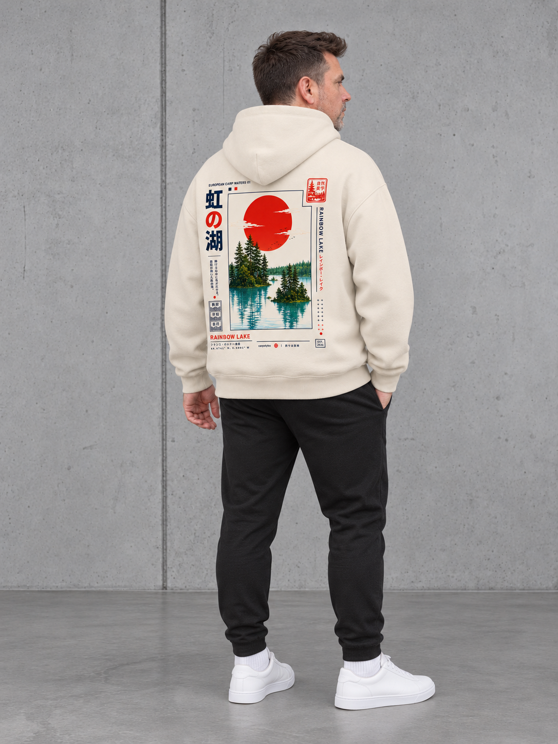 carpstylez RAINBOW LAKE Oversize Hoodie NS408 in Ivory – Ganzkörper-Rückenansicht schräg mit Rainbow-Lake-Print