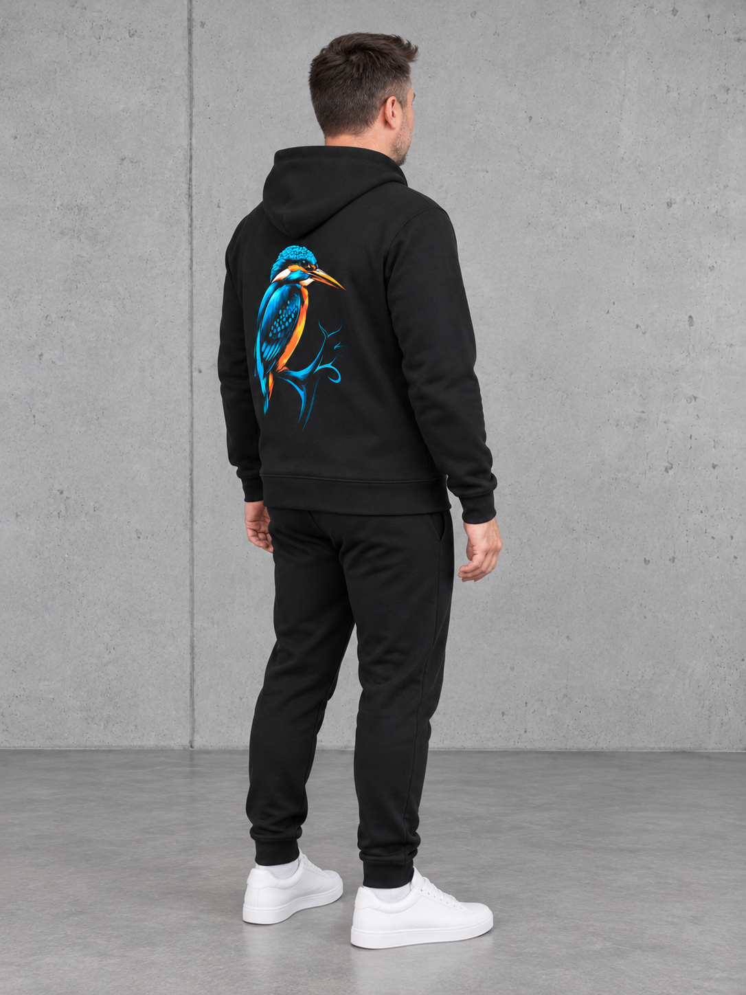 carpstylez KINGFISHER VIBES Hoodie – Ganzkörper-Rückenansicht seitlich, schwarz #farbe_black