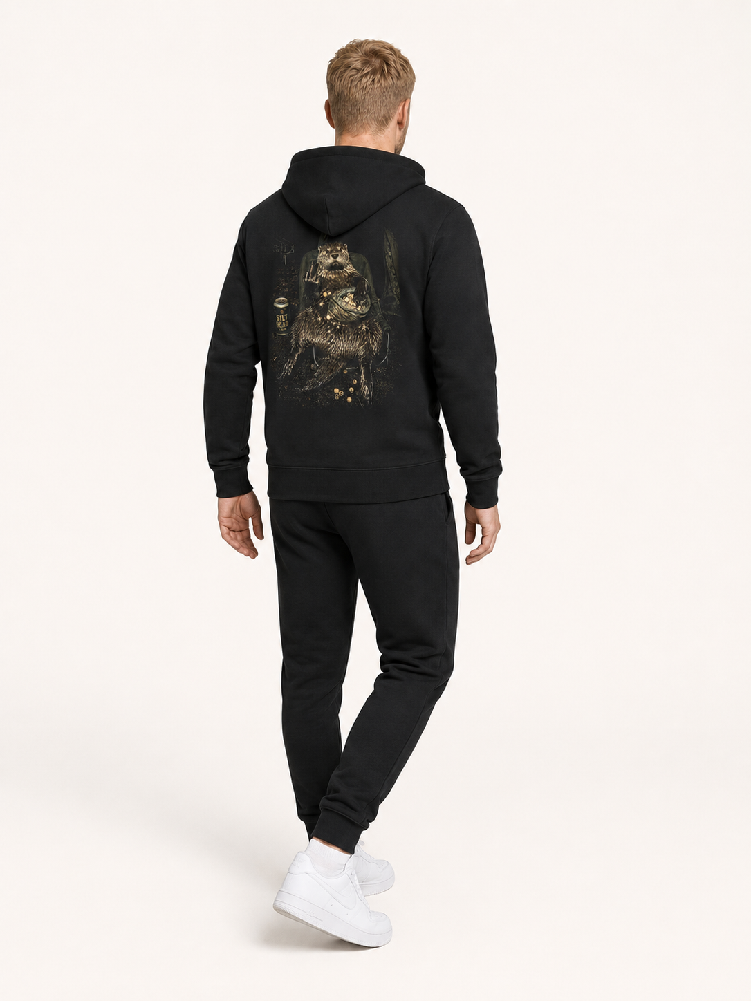 NO F*CKS Hoodie Black – Ganzkörper Rückenansicht seitlich #farbe_black