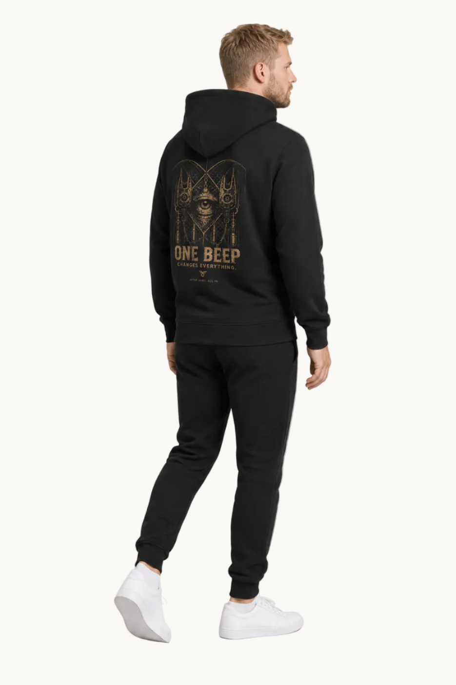 ONE BEEP Hoodie Black – Fullbody Rückansicht Dreiviertel