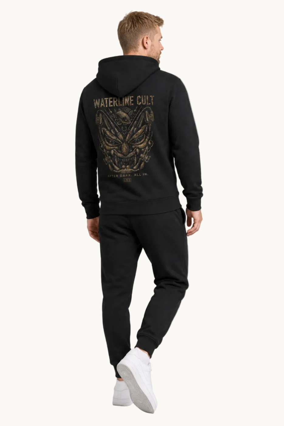 WATERLINE CULT Hoodie Black – Fullbody Rückansicht Dreiviertel
