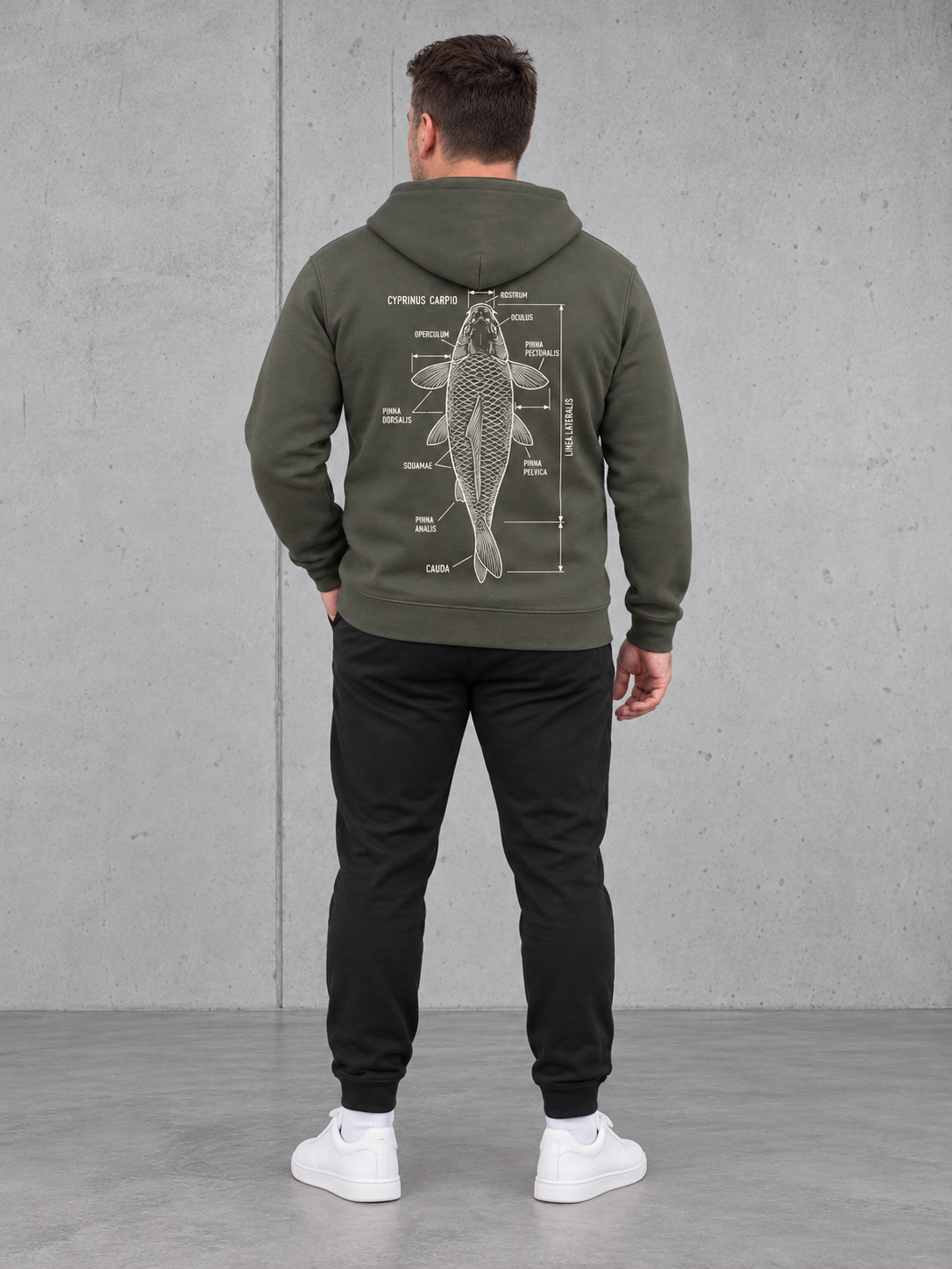 CYPRINUS CARPIO Hoodie Organic Khaki – fullbody-back #farbe_organic khaki