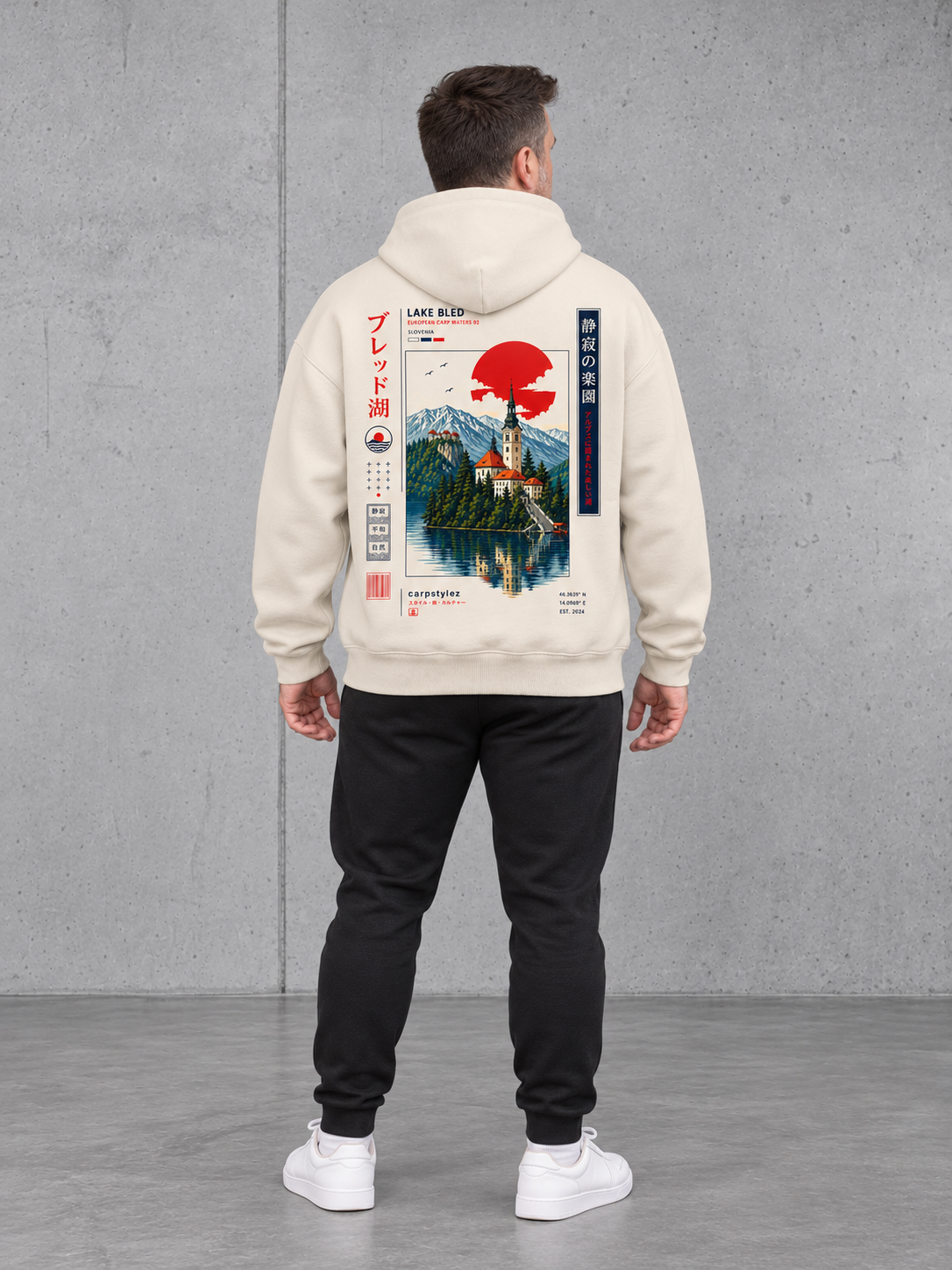 carpstylez LAKE BLED Oversize Hoodie NS408 in Ivory – Ganzkörper-Rückenansicht
