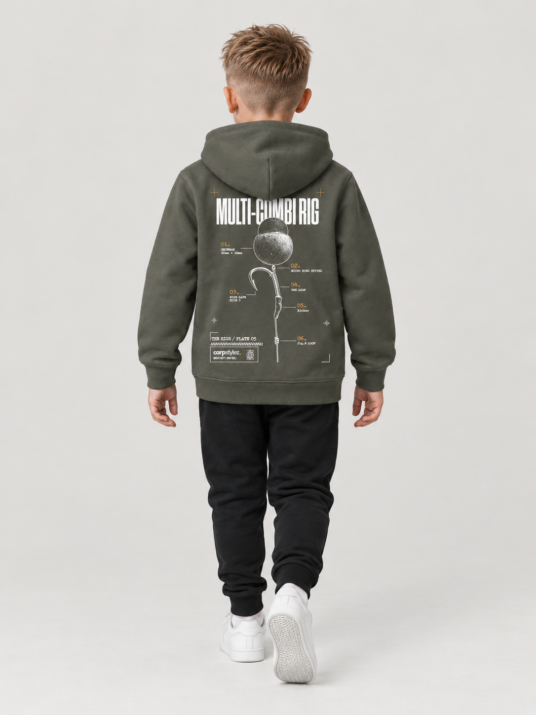 carpstylez Kids Hoodie Multi-Combi Rig in Organic Khaki – Fullbody Rückenansicht #farbe_organic khaki