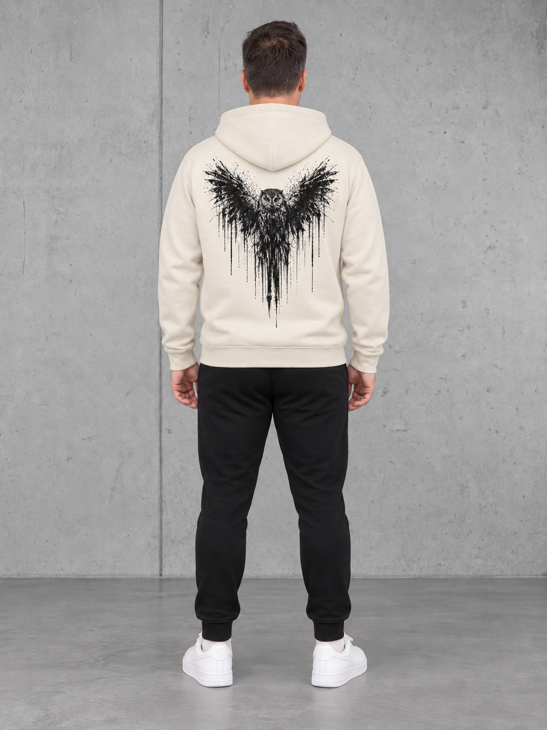 carpstylez THE OWL Hoodie NS401 Ivory – Ganzkörperansicht von hinten #farbe_ivory