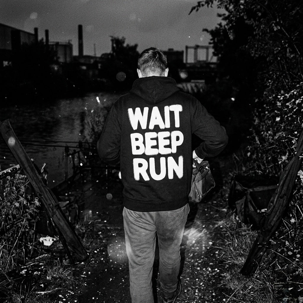 carpstylez „Wait Beep Run“ Hoodie schwarz – getragen am Wasser