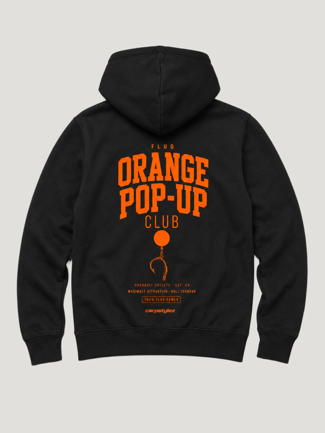 carpstylez FLUO ORANGE POP-UP Club Hoodie Black – Backprint Flatlay #farbe_black