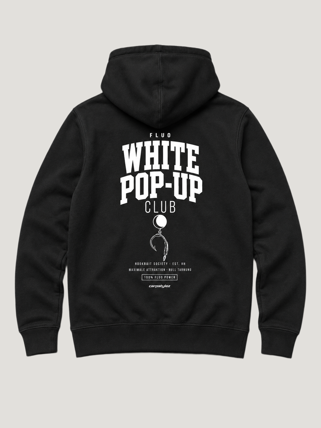 carpstylez FLUO WHITE POP-UP Club Hoodie Black – Backprint Flatlay #farbe_black