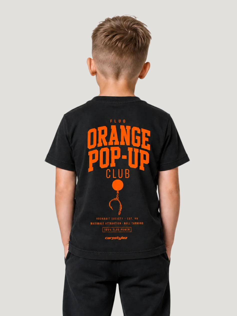 carpstylez Kids FLUO ORANGE POP-UP Club Shirt Black – Rückenansicht am Kind #print_fluo orange, fluo-orange